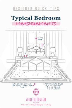 a bed room with measurements for the bedspread