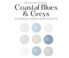 the front cover of coastal blues and greys by benjam moore, featuring blue and white circles