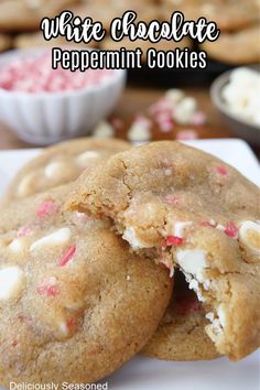 White chocolate chip cookies stacked on a plate with a small bowl of peppermint and white chocolate chips  in the background. Cold Desserts Summer, White Chocolate Peppermint Cookies, Graham Cracker Butter, White Chocolate Peppermint, Baking Chips, Brown Butter Cookies, Chocolate Peppermint Cookies, Raspberry Desserts