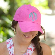 "Perfect cap to complete any outfit. Perfect for \"bad\" hair days Adjustable with Metal Clip Approximately 19.5\" - 22\" Around the Head Soft Cotton Front Perfect for all occasions Can be monogrammed with any style font and color of thread. HOW TO ORDER: Add item to the cart and you'll see a box \"Add Optional note to Seller\". **Type the following: --Thread color --Font preference --Letters in the EXACT order you want them ----If requesting a 3 letter monogram (typical order is first, LAST, mi Pink Curved Bill Hat For Baseball Season, Custom Logo Baseball Cap, Pink Baseball Cap With Embroidered Logo, One Size, Personalized Pink Baseball Cap, Casual Personalized Snapback Hats, Personalized Dad Hat, One Size Fits Most, Personalized Baseball Cap With Curved Brim, Personalized Casual Snapback Hats, Casual Spring Hats Personalized