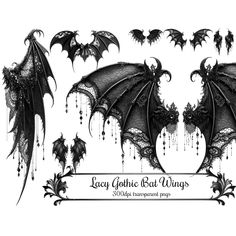 some black and white images of bats with laces on them, all in gothic style