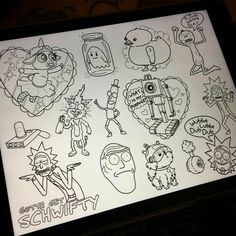 an image of cartoon stickers on a tablet screen with it's cover open