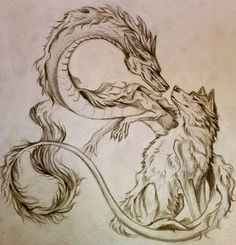 a drawing of a dragon and a dog