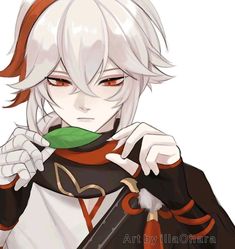 an anime character with white hair and red eyes holding a green leaf in her hand