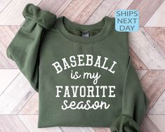 Baseball Is My Favorite Season Sweatshirt,Sport Mom Sweatshirt,Baseball Lover Sweater,Sports Mama Hoodie,Gift For Baseball Mom,Baseball Gift ⭐ HOW TO ORDER ⭐ 1️⃣ Please check all the photos in the listing. 2️⃣ Choose your shirt size and color. (Please check listing photos for these) 3️⃣ In the personalization box, please enter your Text, Text Color, Text Style. 4️⃣ Click "Add to Cart". You can go back to the listing and follow the same steps to add more products. 5️⃣ Click "Proceed to Checkout". Baseball Season Fan Merchandise Sweatshirt, Baseball Season Sweatshirt With Lettering For Sports Events, Sports Sweatshirt With Lettering For Baseball Season, Pre-shrunk Sweatshirt For Baseball Season, Green Sweatshirt With Letter Print For Fans, Bird Hoodie, Baseball Sweatshirts, Sport Mom, Mama Hoodie