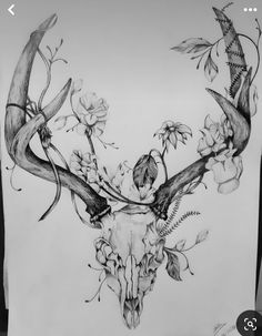 a drawing of a deer skull with flowers on it