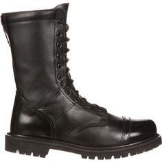 Item No. 2090 The exterior on this Rocky Men's Jump Boot has an adequate amount of durability and ruggedness so that it is able withstand the most unforgiving working conditions. The upper has been built from premium full-grain black leather. These 10-inch public service boots have a side zipper that aids in getting them on/off rapidly. In addition to these features, there is a polishable toe so that you can keep these boots looking like they are in tiptop shape. Paratrooper Boots, Rocky Boots, Black Boots Men, Leather Work Boots, Closed Toe Shoes, Timberland Mens, Round Toe Heels, Public Service, Goodyear Welt