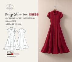 the vintage button front dress sewing pattern is shown