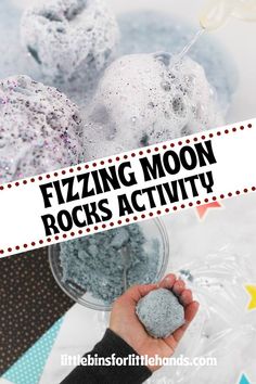 a hand holding a rock with the words fizziing moon rocks activity