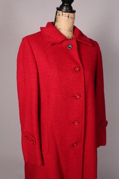 "50s 60s Coat Wonderful vintage 50s 60s red / dark pink coat....beautiful coat with a gorgeous lining! In lovely condition, though there is a black button at the top of the neck that I don't think is original. Beautiful coat, though! Two labels--Jenss and Fashioned by Bromleigh. Bust:40\" Waist:40\" Hips:42\" Length:41\" Sleeve:24\" Shoulder to shoulder:16\" Label: Jenss Fashioned by Bromleigh dry clean only +ILGWU label. 2141" Elegant Red Pea Coat For Formal Occasions, Red Long Sleeve Outerwear With Covered Buttons, Elegant Vintage Fashion Outerwear With Buttons, Elegant Red Single Breasted Pea Coat, Elegant Red Single-breasted Pea Coat, Elegant Red Pea Coat With Buttons, Vintage Red Outerwear With Buttons, 60s Coat, Coat Vintage