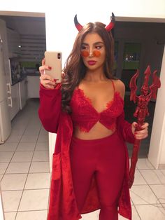 Red devil Halloween costume Devil Costumes Women, Devil Costume Women Diy, Red Halloween Outfit, Womens Devil Costume Diy, Devil Costume Ideas For Women, Couples Devil Costume, Halloween Plus Size Costumes For Women, Plus Size Devil Costume, Devil Diy Costume Women