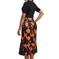 Pattern: Printing Skirt-type: A- line Skirt Color: Orange Waist Type: Mid Waist Style Type: Japanese and Korean Leisure Length: Long Skirt Neckline: V-neck Fashion Element: Other Style2: Basic Model Material: Polyester Sleeve Style: Regular Sleeve Sleeve Length: Half Sleeve Skirt Category: Dress Style: Casual Style Pattern Type: Collage/Stitching Black Midi Length Dresses With Lined Skirt, Black Dresses With Flowy Skirt, Black Skirted Dress With Flowy Skirt, Elegant Black Dress With Short Sleeves And Flowy Skirt, Black Dress With Flowy Skirt, Black Dress With Flowy Skirt And Short Sleeves, Black Pleated Tiered Dress, Casual Short Sleeve Dress With Lined Skirt, Casual Dresses With Lined Skirt And Short Sleeves