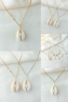 four pictures of different necklaces with pearls and shells hanging from the same strander