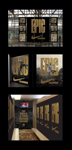 the inside of a gym with gold and black lettering