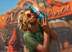 a woman drinking from a bottle while standing in front of a sign with the word world on it