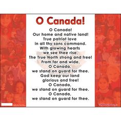 a red and white card with the words o canada on it, in front of an image of people