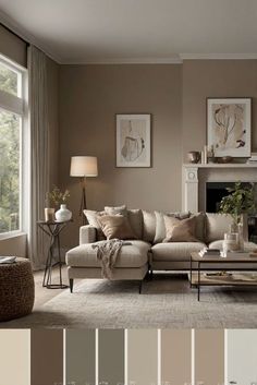 a living room filled with furniture next to a fire place and large windows in front of a fireplace