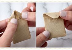 two pictures showing how to fold an origami envelope with one hand and the other