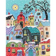 the cross stitch pattern shows houses and trees with snow on them, as well as an image