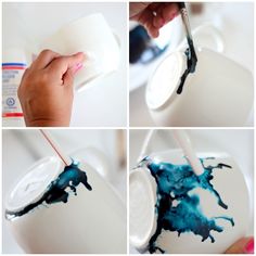 the process of painting a vase with blue and black paint, including pouring water onto it