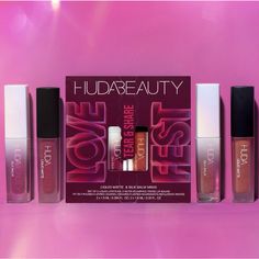 A Lovefest Limited-Edition Set Of 2 Mini Liquid Matte Lipsticks And 2 Mini Tinted Silk Balms In Complementing Shades, Complete In An Irresistibly Cute Tear And Share Pack. Split With Your Loved One Or Bestie! Brand New With Box. 100% Authentic. Huda Beauty Matte Lipstick, Huda Beauty Lipstick, Huda Beauty Lip Contour, Glossier Tint, Huda Beauty Lip, Matte Lipstick Colors, Beauty Crush, Huda Beauty Makeup, Metallic Lips