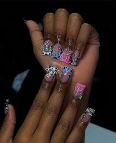 Junkyard Nails, Junk Yard Nails, Exotic Summer Nails, Unique Acrylic Nails 2024, Medium Junk Nails, Black People Nails, Charm Nails, Bad Nails