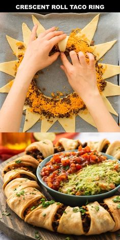 the process to make crescent roll taco rings is shown in three different pictures, including one