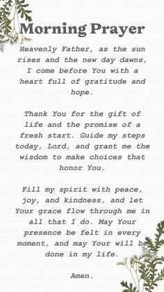 a poem written in white paper with green leaves and flowers on the bottom, surrounded by words that read morning prayer