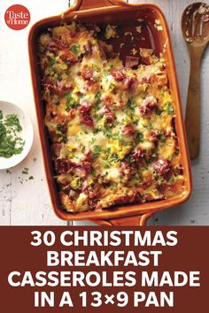 christmas breakfast casserole made in a 13x9 pan with text overlay