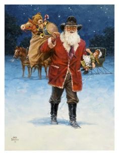 a painting of santa claus and his reindeers in the snow