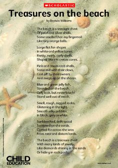 a poem written in sand with sea shells and starfish on the bottom right hand corner