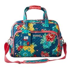 Spend your day out and about in style with The Pioneer Woman Fancy Flourish Quilted Fabric Weekender Bag. This trendy quilted tote bag showcases one of Ree's signature floral prints in an array of stunning colors and features a coordinating pattern that makes the handles and pockets pop. With two exterior side pockets and two main zip pockets that hold even more storage options on the inside, you'll easily be able to pack up and carry around all your everyday essentials. You can use this fashion Coordinating Patterns, Leather Camera Bag, The Pioneer Woman, Quilted Fabric, At The Airport, Pioneer Woman, Day Bag, Overnight Bag, Everyday Bag