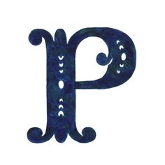 the letter p is made out of blue paint and has swirly designs on it