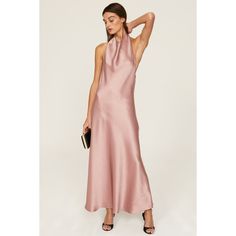 Pink satin (55% Recycled Polyester, 45% polyester). Shift. Sleeveless. Halter. Pull on. 49.5" from shoulder to hemline. Imported. Midi Silk Dress, Minimalist Gown, Slip Midi Dress, Satin Cami Top, Satin Cocktail Dress, Midi Slip Dress, Cowl Neck Dress, Top Skirt Set, V Neck Midi Dress