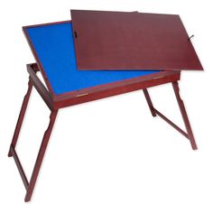 two wooden tables with blue top and bottom, one on each side is open to show the