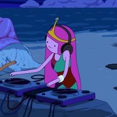 a cartoon girl with headphones on dj's playing music