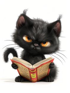 a black cat is reading a book while looking at the camera with big yellow eyes