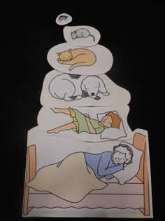 an image of a child's bed with cats and dogs on it in the night