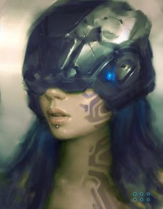 a digital painting of a woman wearing a futuristic helmet