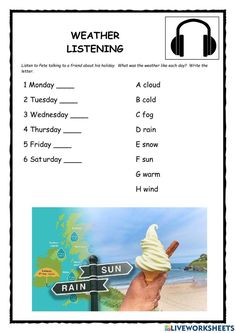 the weather listening worksheet is shown with an ice cream cone and headphones