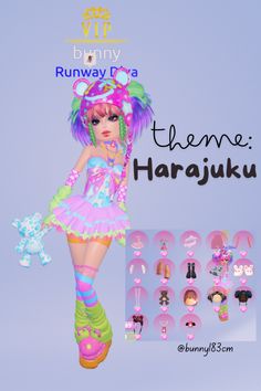 DTI outfit for harajuku theme. VIP items are the tutu dress and the strappy top Dti Decora Theme Outfit Non Vip, Dti Theme Colors Of The Rainbow, Hijabi Dti Outfit, Colorful Theme Dti, Harajuku Fashion Dti, Dti Outfits Ideas Theme Favorite Item, Harajuku Dress To Impress No Vip, Di Crazy Day Theme, Colourful Dti Outfit