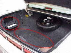 an open trunk with a tire in it and two red circles on the floor below