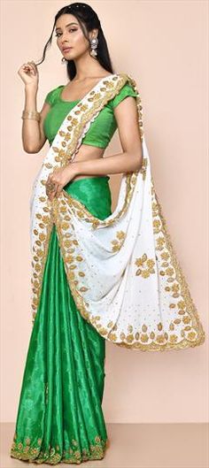 Green, White and Off White color Saree in Jacquard fabric with Cut Dana, Stone work Fitted White Art Silk Embroidered Fabric, Green Dupatta With Pallu For Ceremony, White Brocade Saree For Wedding, Fitted White Brocade Traditional Wear, White Dupatta With Pallu For Ceremony, White Ceremony Dupatta With Pallu, White Self Design Dupatta For Wedding, Celebration White Lehenga With Self Design, White Lehenga With Self Design For Celebration