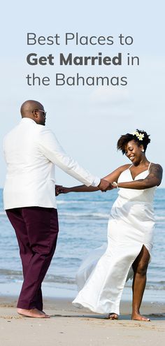 a man and woman holding hands on the beach with text that reads best places to get married in the bananas