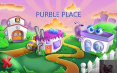 an image of a cartoon house with eyes on it's face and the words purple place