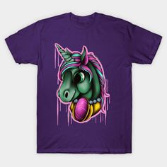 a purple t - shirt with an image of a unicorn's head on it