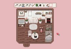 an overhead view of a living room and kitchen area in a pixel art video game