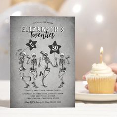 a birthday card with three skeletons on it and a cupcake in the foreground