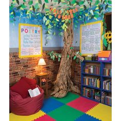 a room with bookshelves and a tree in the corner