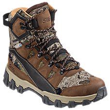 a pair of hiking boots with camouflage print on the upper and side, in brown